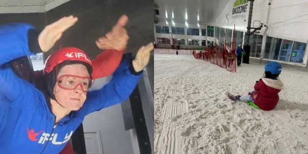 Clare indoor skydiving, alongside a photograph of indoor sledging.