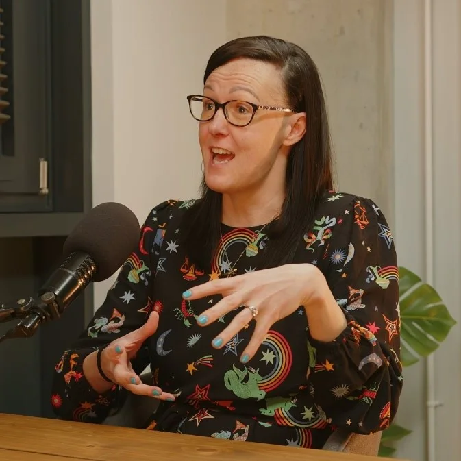 Clare E Kenny recording a workplace performance podcast